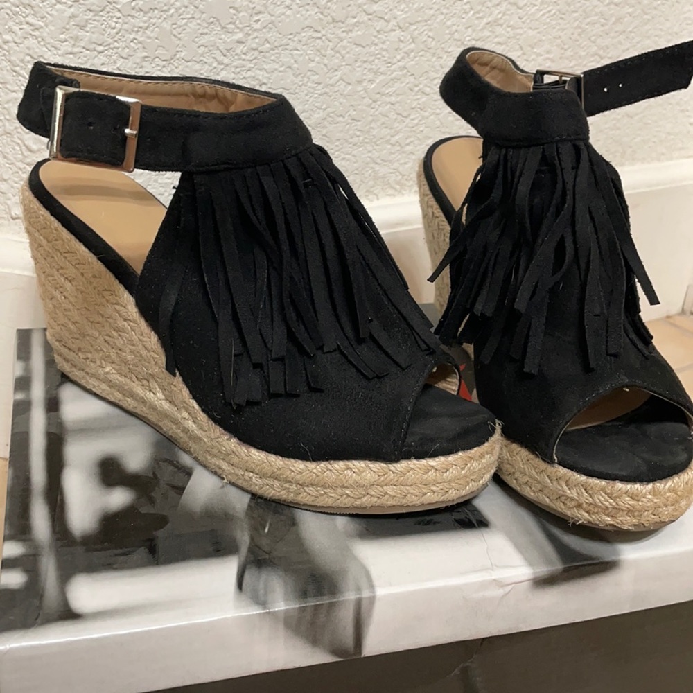 Black Fringe Espadrille Wedge Sandals
